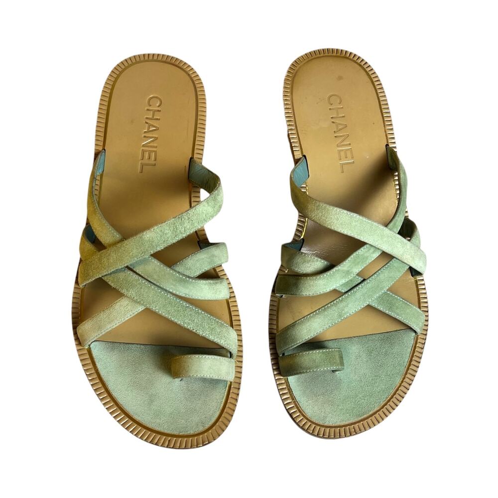 Chanel 18C Paris Greece CC Suede Slide Mule Sandals Seafoam 38.5 Rare - Picture 2 of 9